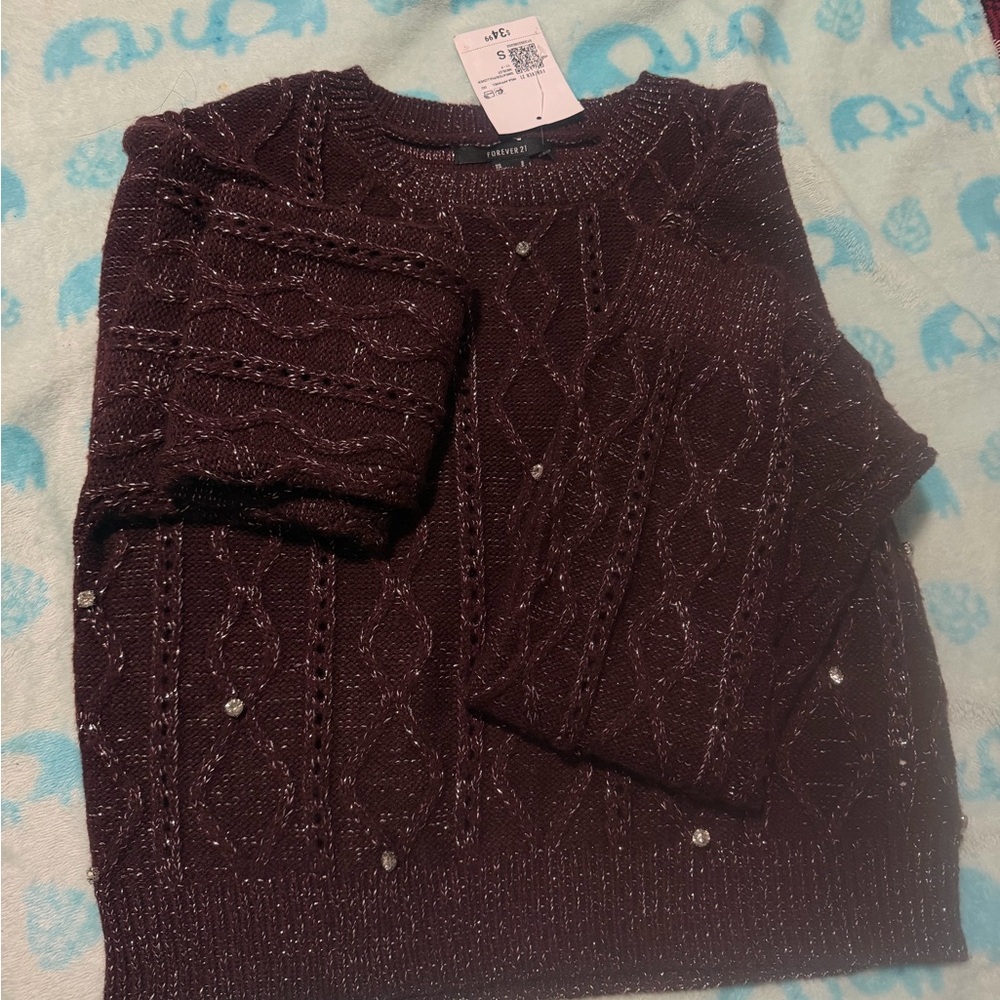 Forever 21 Sparkle Cable Crew Sweater - Plum